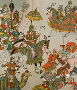 16世紀のムガール帝国のミニチュアの後、彼の軍の頭にあるバブール皇帝（r.1526-30）